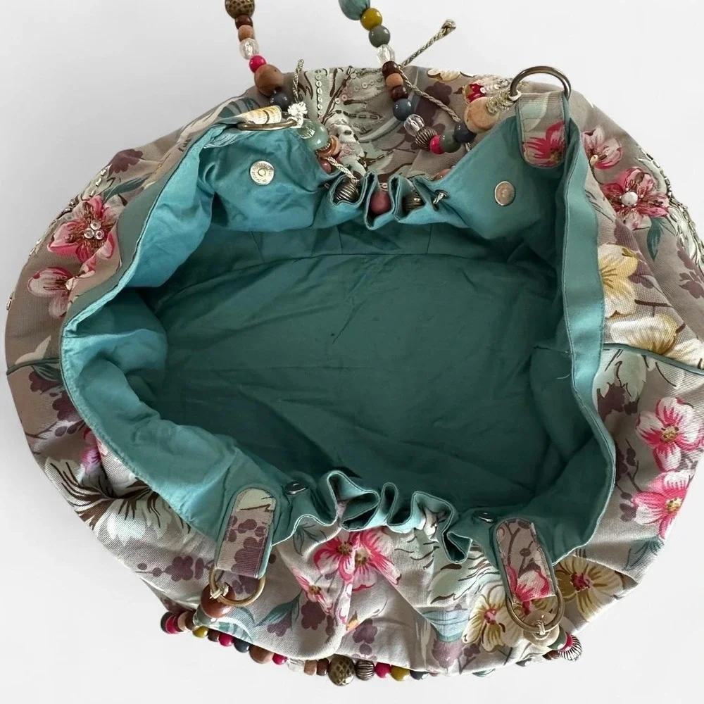 Boho Floral Beaded Handle Tote Bag Canvas Sequin Handbag Teal